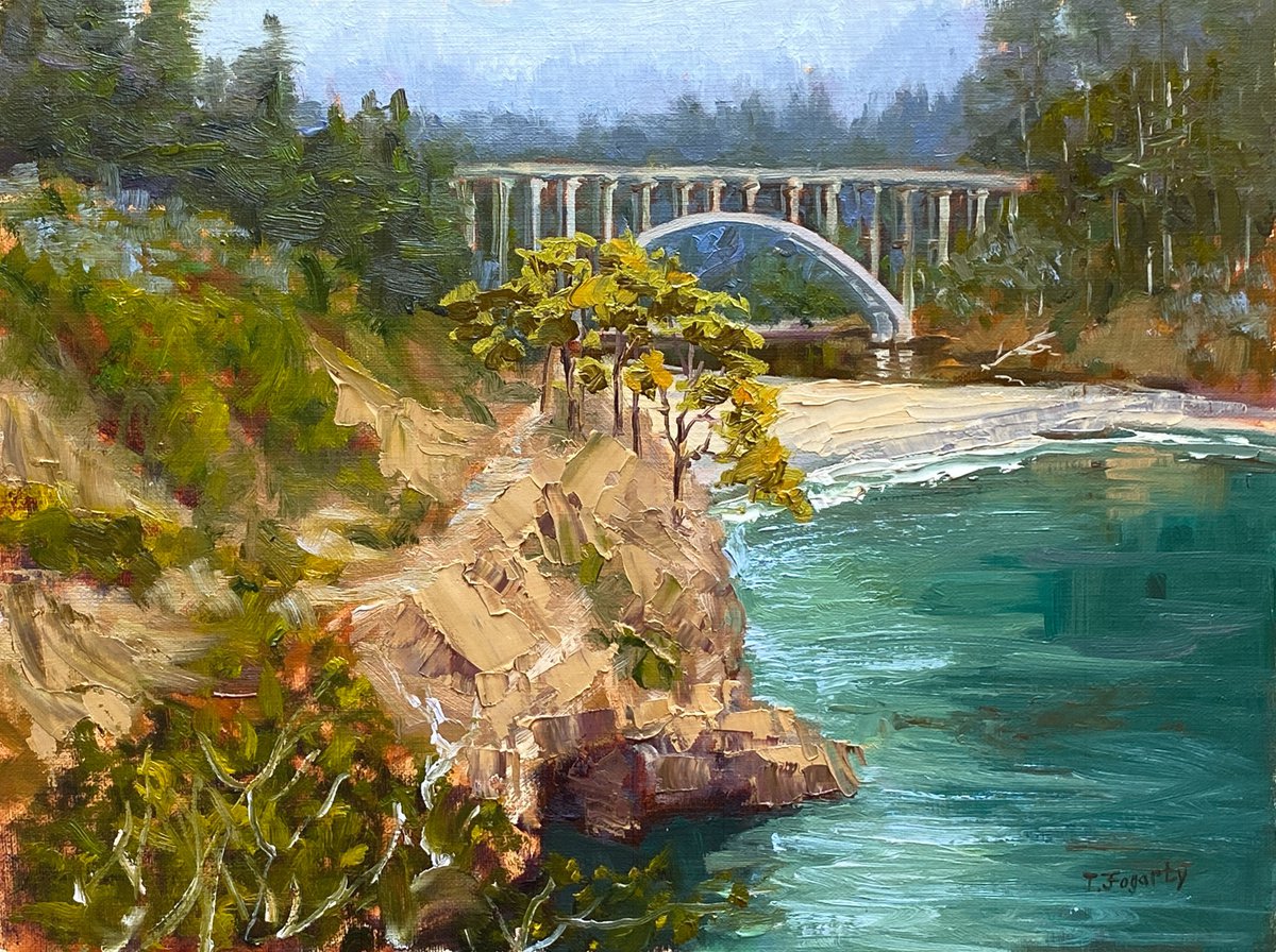 Impressionistic Landscape Oil Painting By Tatyana Fogarty, 12 X 9", Bridge Over Russian Gulch Beach, Original Artwork