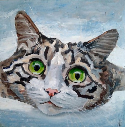 Tabby Cat Painting Pet Original Art Grey Cat Portrait Artwork Funny Animal Wall Art by Yulia Berseneva