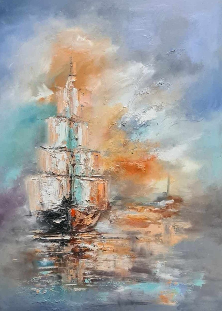 Abstract Landscape Oil Painting By Anna Schofield, 24 X 31, Sailing Away Ii, Original Artwork