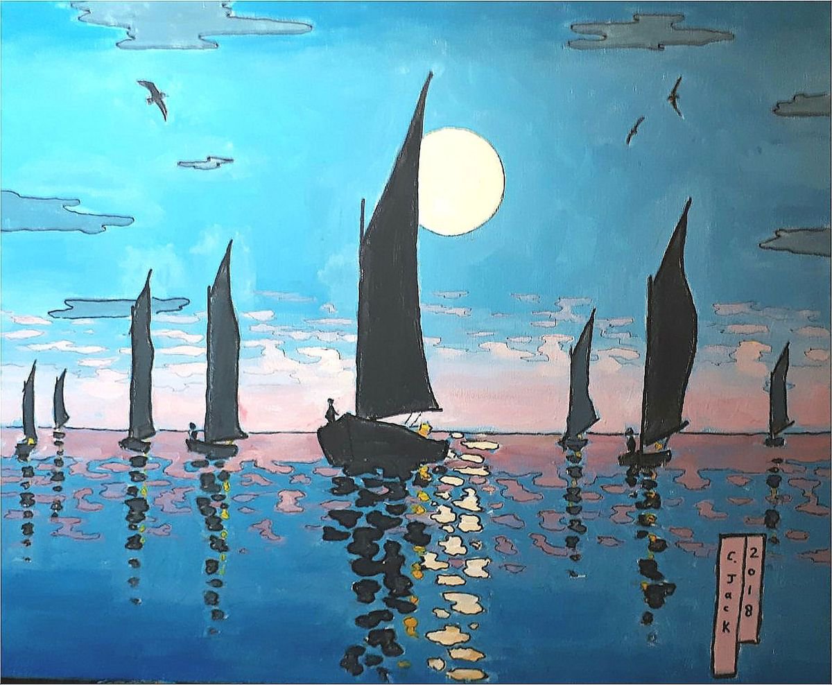 Landscape Acrylic Painting By Colin Ross Jack, 24 X 20, Fifies At Sea, Original Artwork