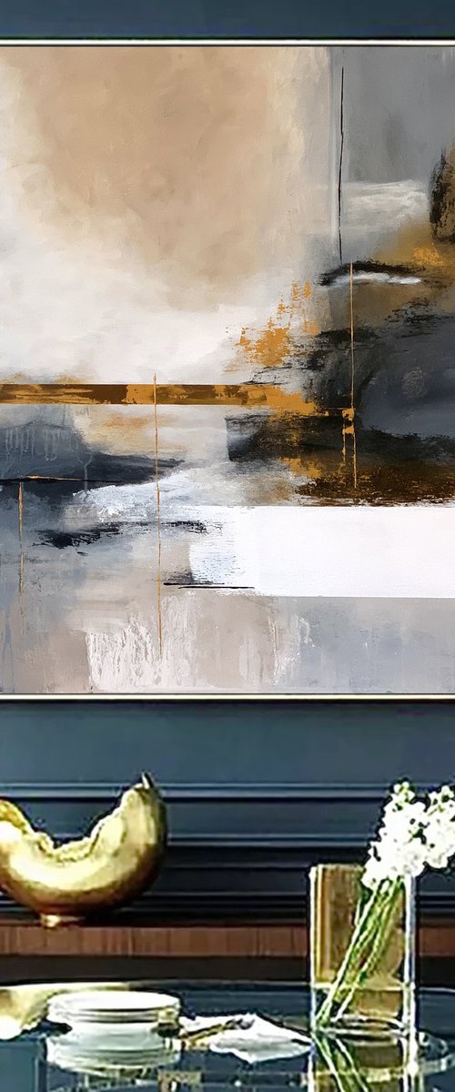 Abstraction in gray, gold and blue tones. by Marina Skromova