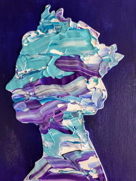 Queen #49  on ultramarine  background TURQUOISE,  PURPLE, SILVER METALLIC, NAVY BLUE  inspired by Queen Elizabeth II