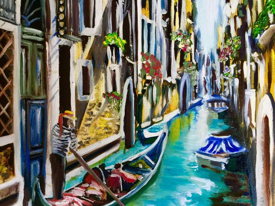 Venice .  Gondolier.  Boat on canal.