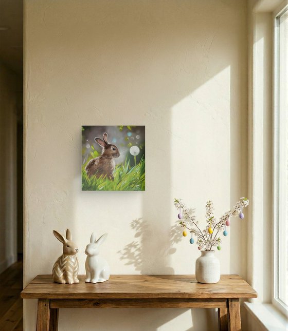 Rabbit with Dandelion in Spring Grass