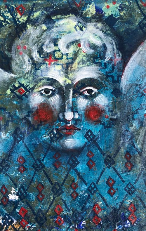 “Cherub” small blue angel painting by Yuliia Chaika