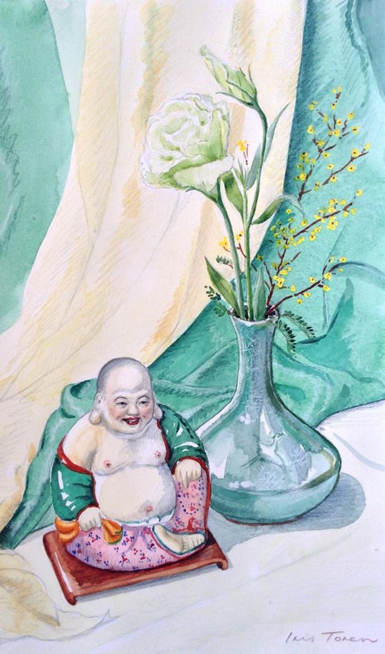 Happy Buddha with Lisianthus Flower