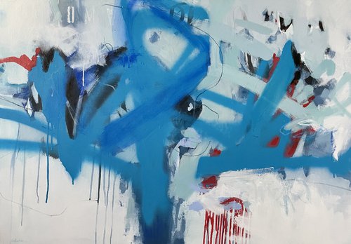ON MY WAY - 100 x 70 CM - ABSTRACT PAINTING ON CANVAS * BLUE * WHITE by Jani Vallentimi