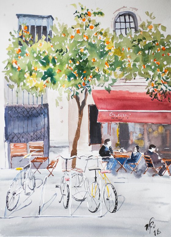 Seville, Spain. Original watercolor urban landscape. Terrace people spain south seville street scene