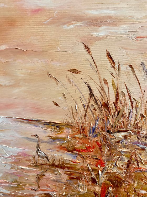 The stork. Gold landscape