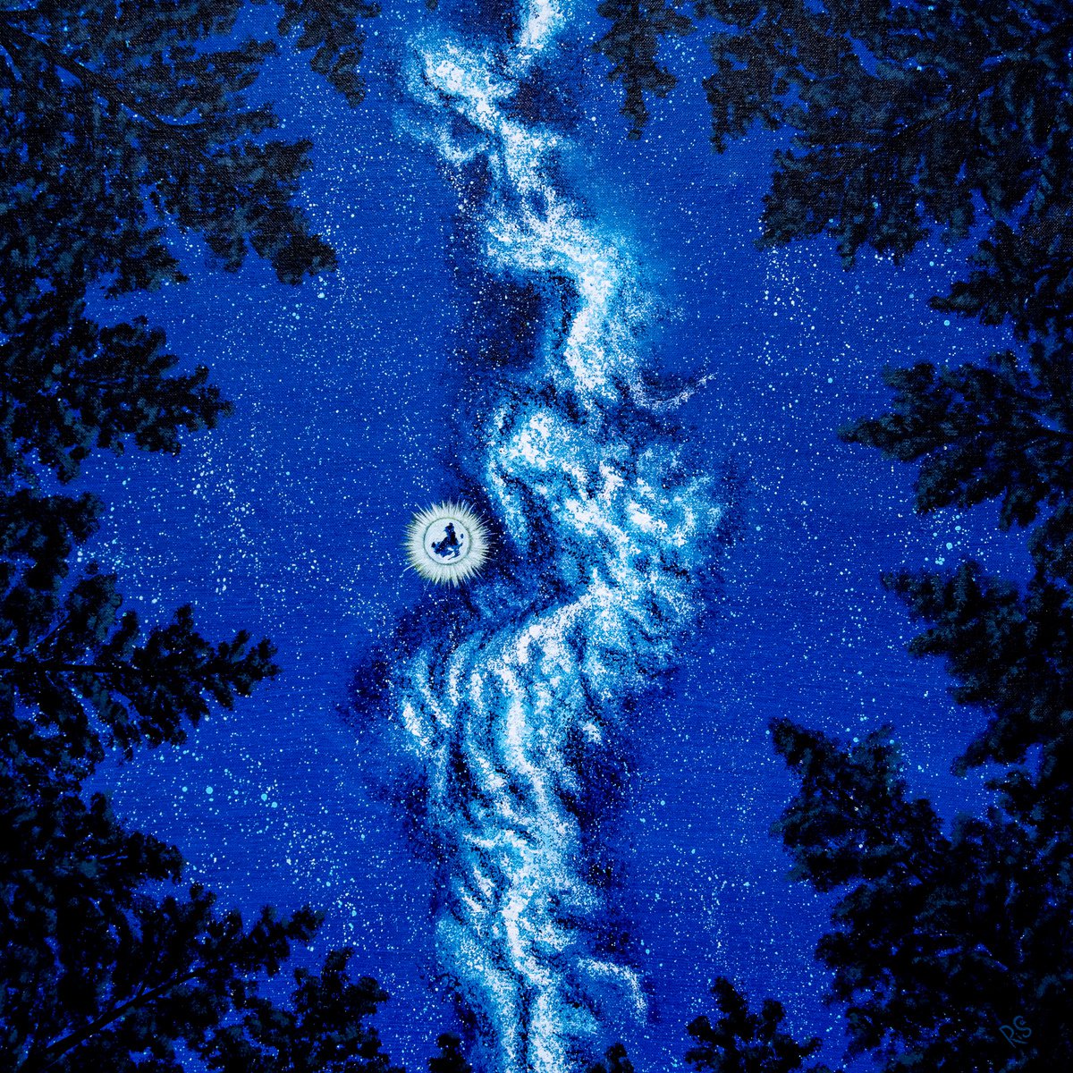 DARK NIGHT - square skyscape, Milky Way galaxy, space art, astronomy, forest, trees silhou... by Rimma Savina