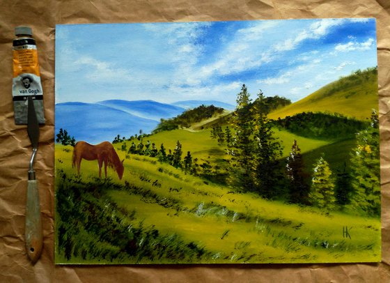 Carpathians Painting Mountains Original Art Ukraine Landscape OIl Artwork Horse Home Wall Art 16 by 12" by Halyna Kirichenko