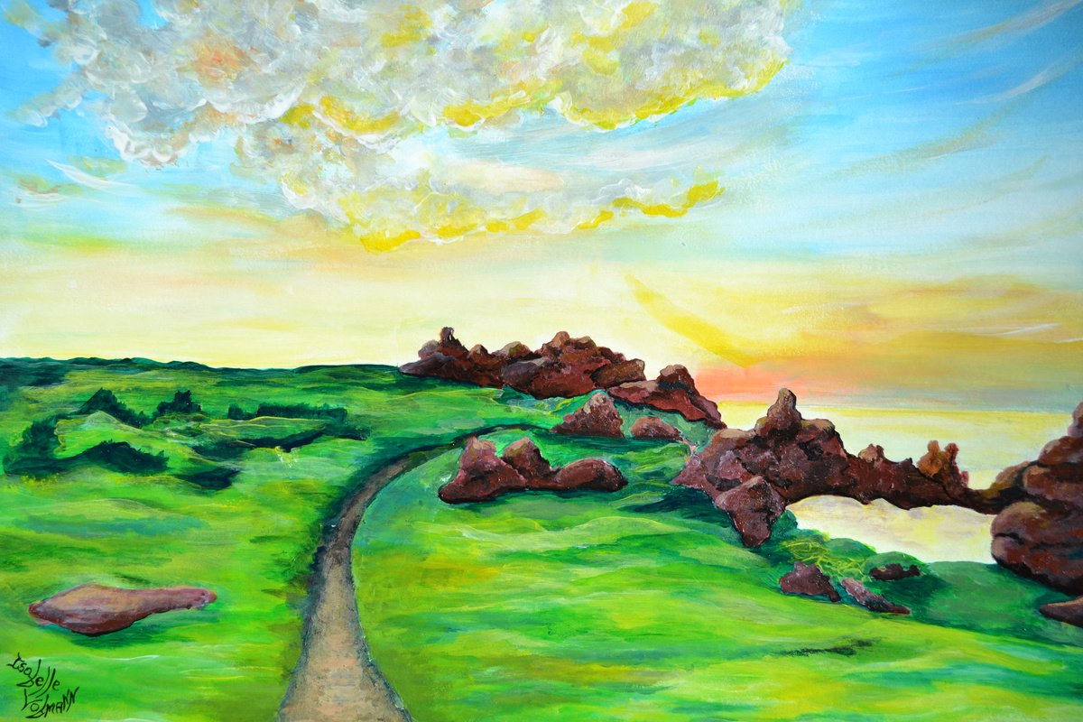 Naive Landscape Acrylic Painting By Isabelle Vobmann, 17 X 12, Brittany Landscape, Original Artwork