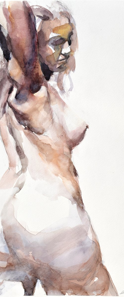 Nude with raised hand by Goran Žigolić Watercolors