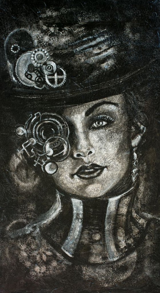"Steampunk lady", original mixed media painting on MDF panel,on aluminium folie  50x90x2cm.,  ready to hang