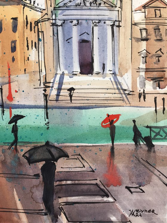 Rainy Venice. Sketch of Venice. Church of San Simeon Piccolo.