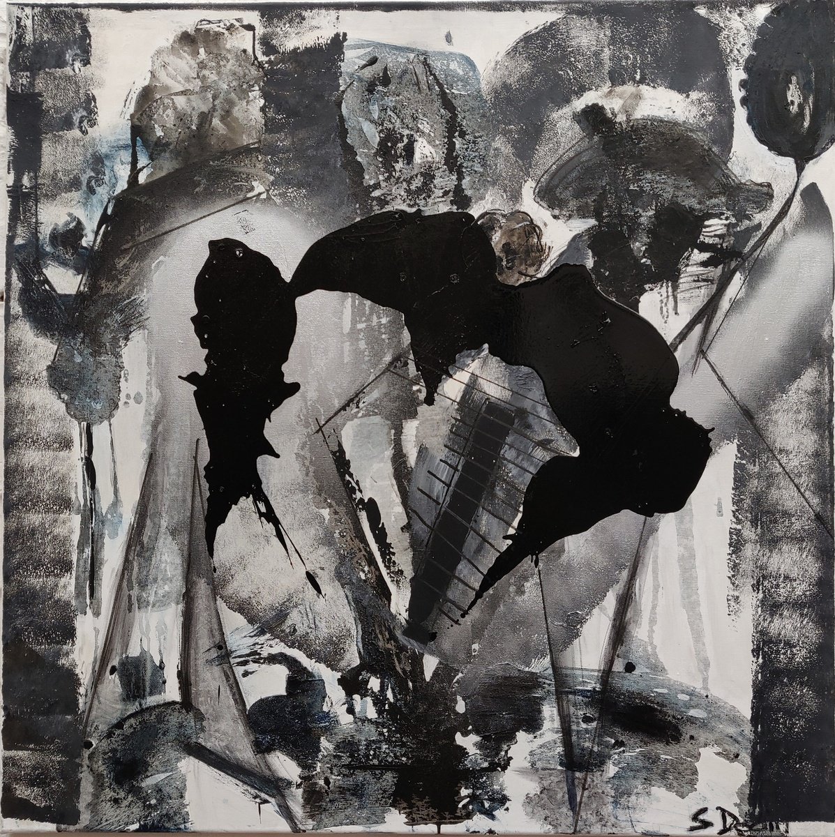 Abstract Painting By Sylvie Dodin, 39 X 39", Black Birds, Original Artwork