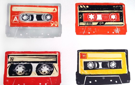 Linocut tapes #45 (cassette tapes, retro music, 70's, 80's rock culture)