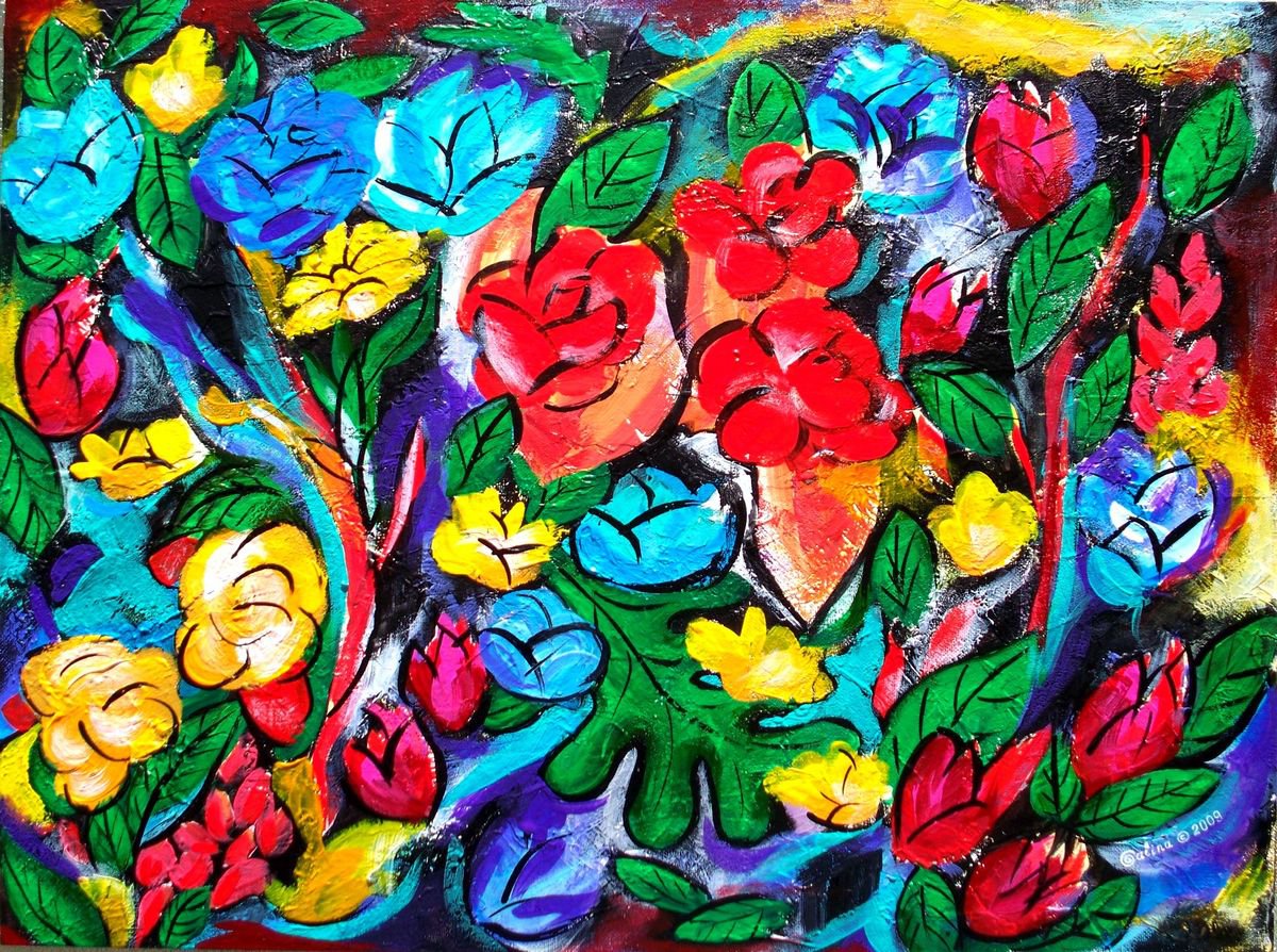 Geometric Botanical Acrylic Painting By Galina Victoria, 24 X 18, Etude In Flowers, Original Artwork