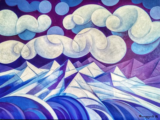 Winter evening (60x80cm, cubism, oil painting, ready to hang)