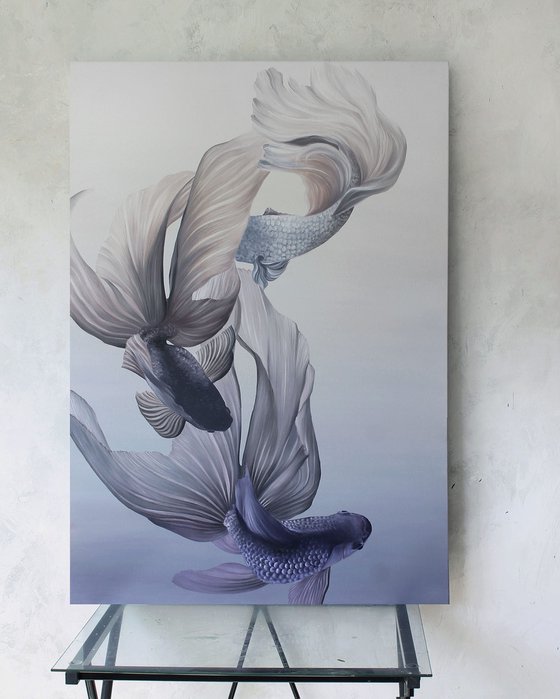 "Carps" Abstract purple blue fish art