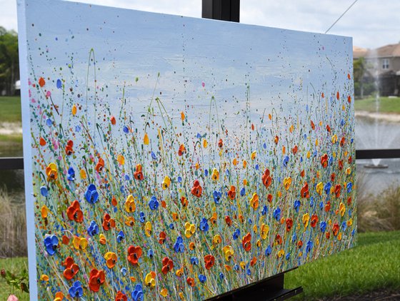 Colorful flower field - Wildflower meadow painting, palette knife art