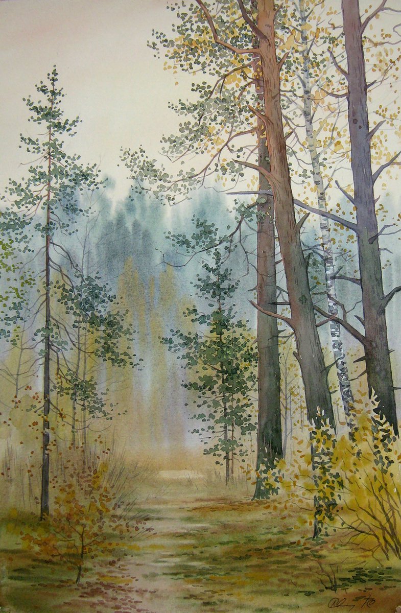 Impressionistic Landscape Watercolour By Valeriy Savenets-1, 12 X 18", Autumn Golden Forest, Original Artwork