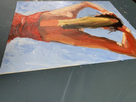Woman in a red dress.