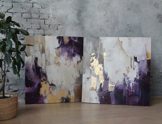 "Flood" Purple beige gold abstract art