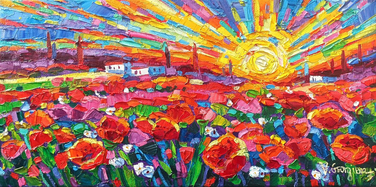 Expressive Botanical Oil Painting By Vanya Georgieva, 24 X 12", Poppies Field 5, Original Artwork