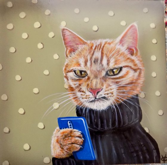 Cat painting called 'It's time for an upgrade thought Marmalade'