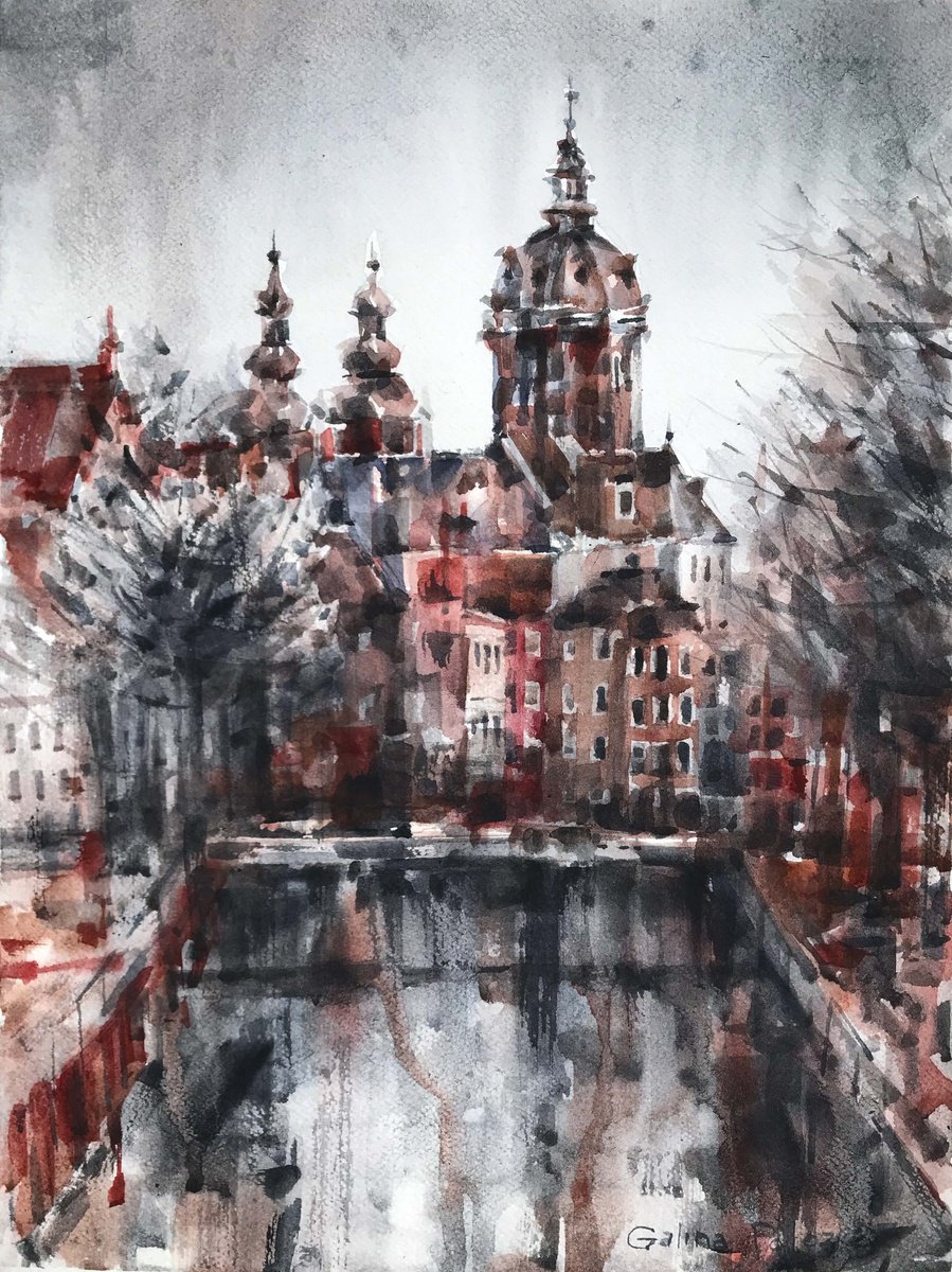 Expressive Cityscapes Watercolour By Galina Poloz, 11 X 15, Winter Channel. Amsterdam., Original Artwork