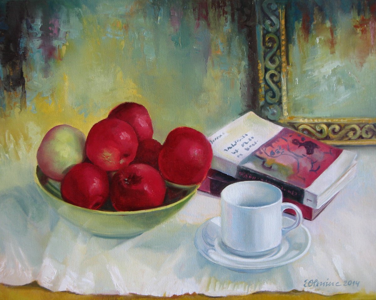 Expressive Still Life Oil Painting By Elena Oleniuc, 20 X 16, Summer Apples, Original Artwork