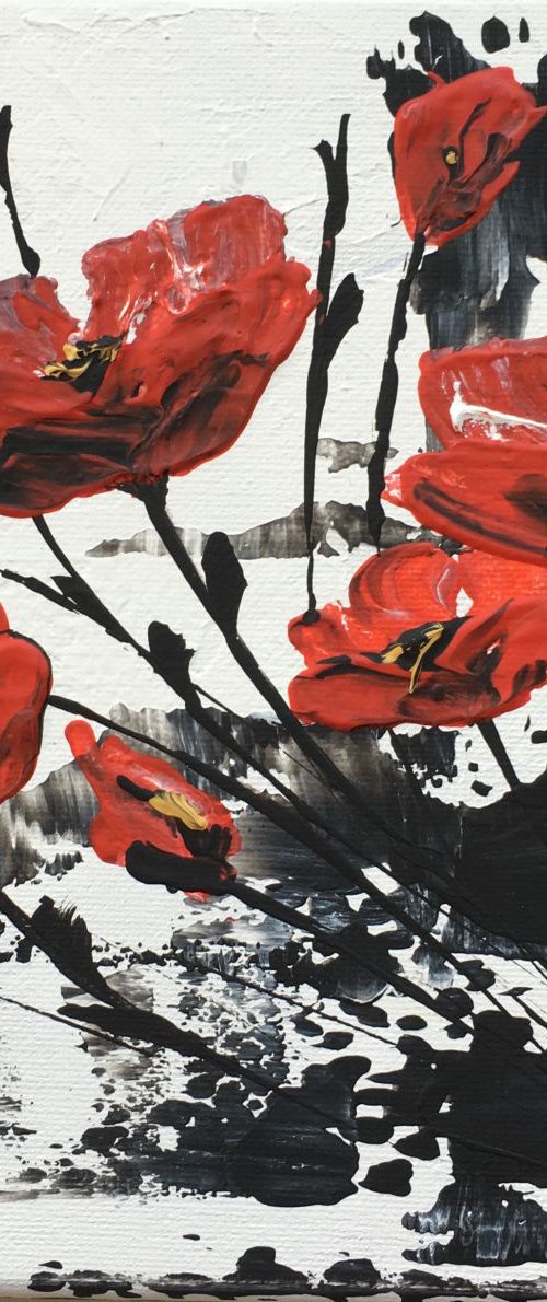 Red Poppies Black on White by Marja Brown