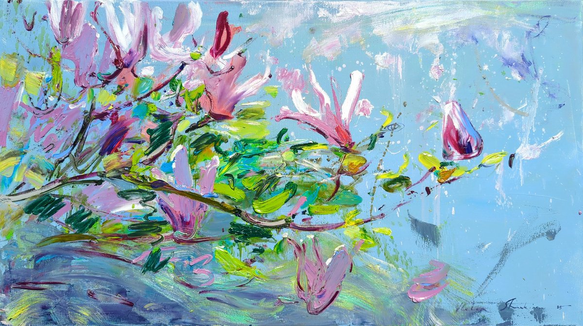 Impressionistic Botanical Oil Painting By Helen Shukina, 35 X 20, Beautiful Magnolia, Original Artwork