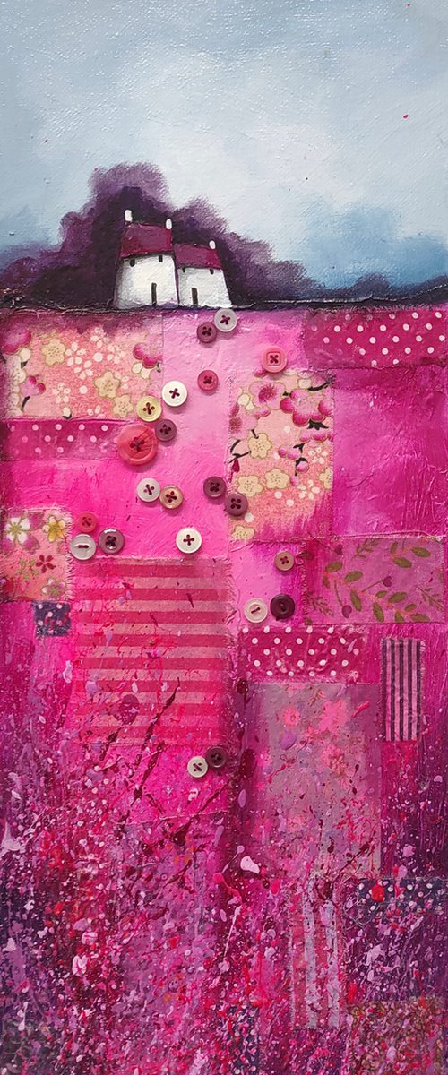 Little houses on pink patchwork Field Textured Landscape by Jane Palmer Art