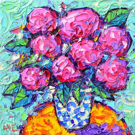 ABSTRACT PINK HYDRANGEAS textural impasto modern impressionist palette knife oil painting by Ana Maria Edulescu contemporary art abstract flowers
