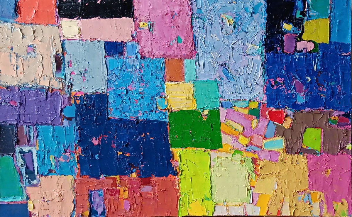 Expressive Abstract Acrylic Painting By Ruslan Khais, 48 X 30", Summer Night. Fireflies, Original Artwork