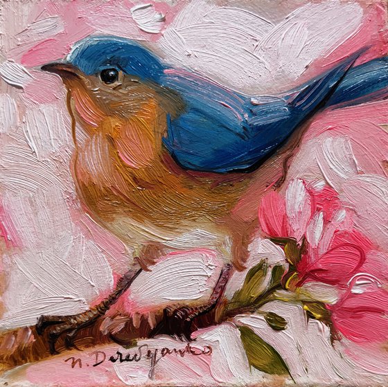 Blue bird miniature oil painting original 4x4 framed art, Bluebird wall wildlife art, Gift for sister for Easter