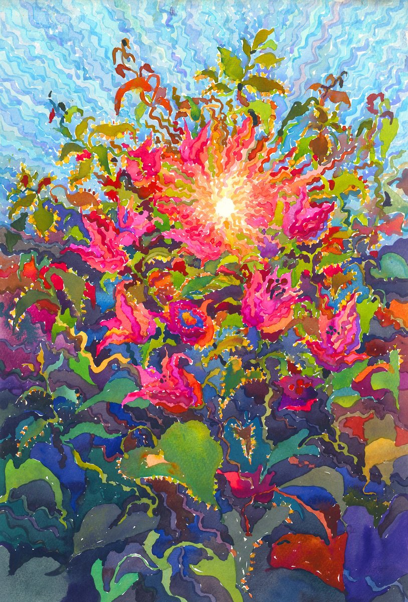 Impressionistic Botanical Watercolour By Tanbelia, 15 X 22", Bougainvillea On The Sunset, Original Artwork