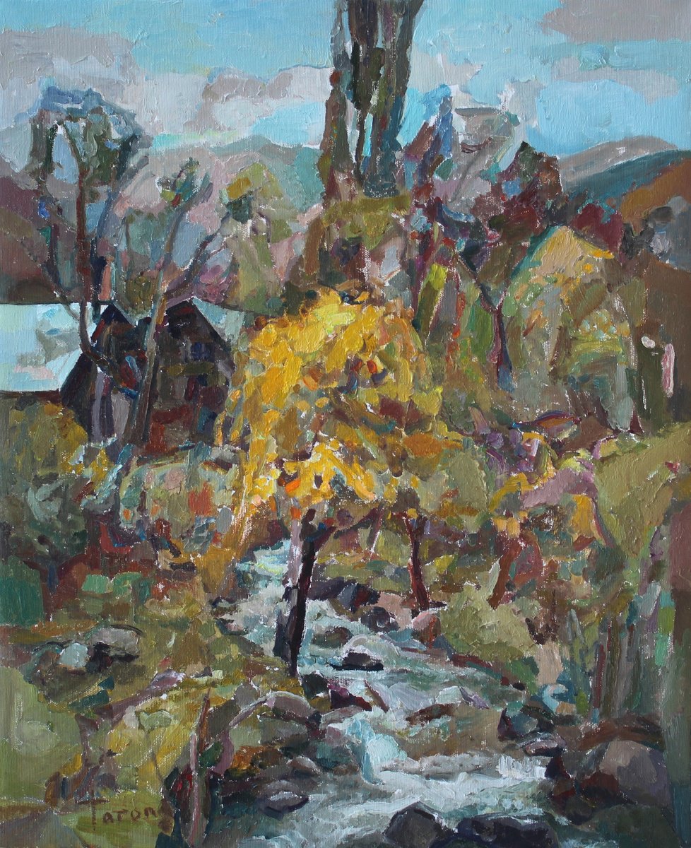 Abstract Landscape Oil Painting By Taron Khachatryan, 18 X 22", Autumn By The River, Original Artwork