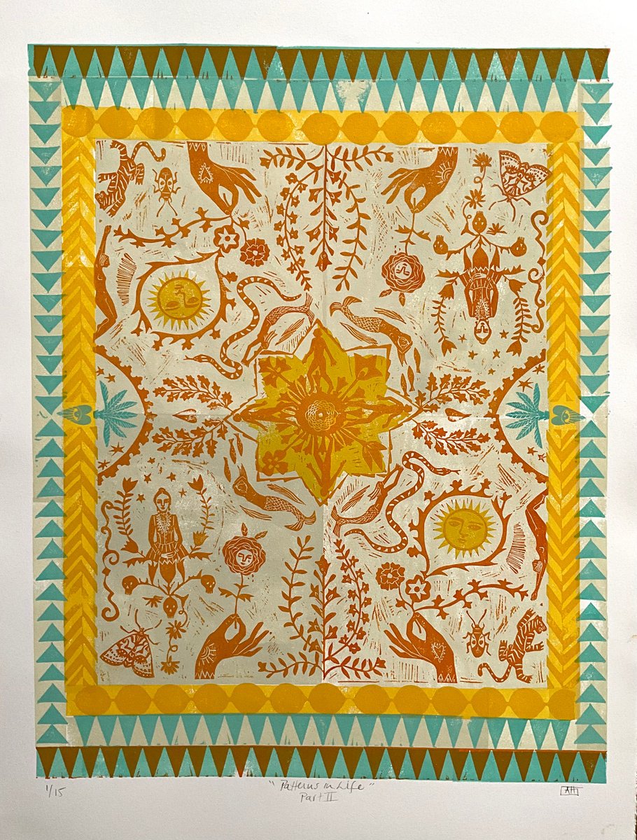 Geometric Abstract Linocut By Alison Headley, 15 X 23, Patterns In Life - Part Ii, Original Artwork