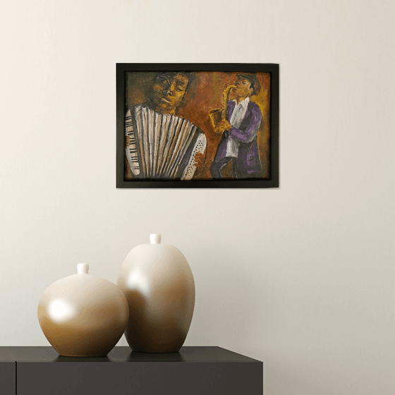 Saxophonist Accordionist playing Original Oil Painting 9x12 Black Frame
