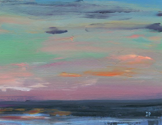 Abstract acrylic sea landscape painting , coastal sunset artwork , beach wall art with cloudy sky