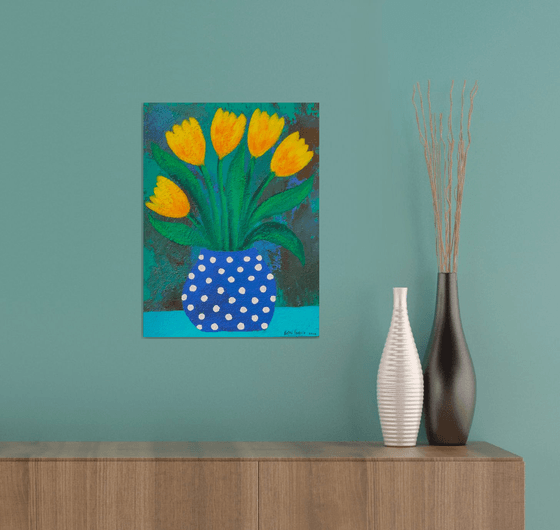 Yellow Tulips in Polka dots Vase