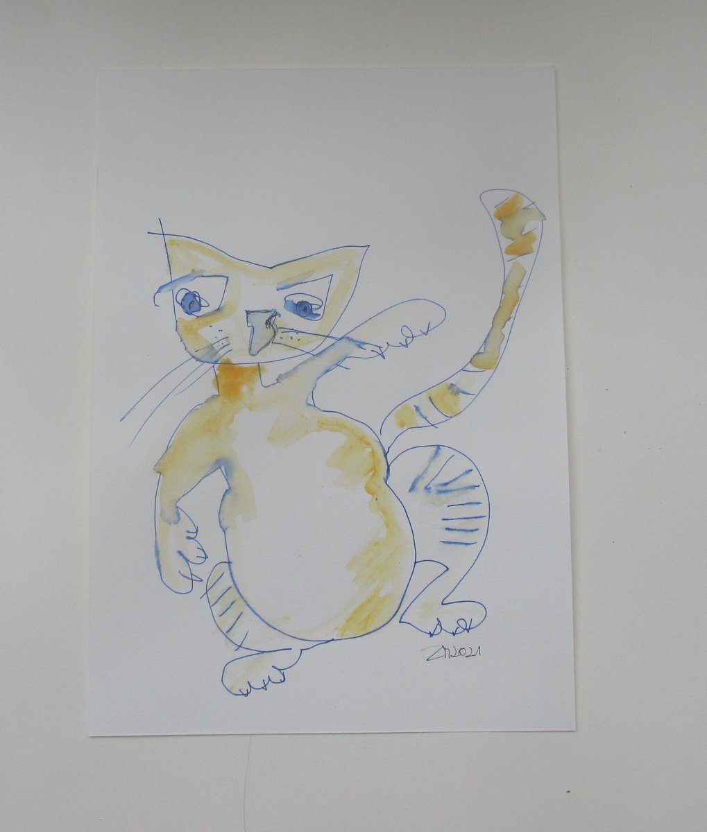 crazy cat aquarelle 8,2 x 11,4 inch unique mixedmedia drawing by Sonja Zeltner-Muller
