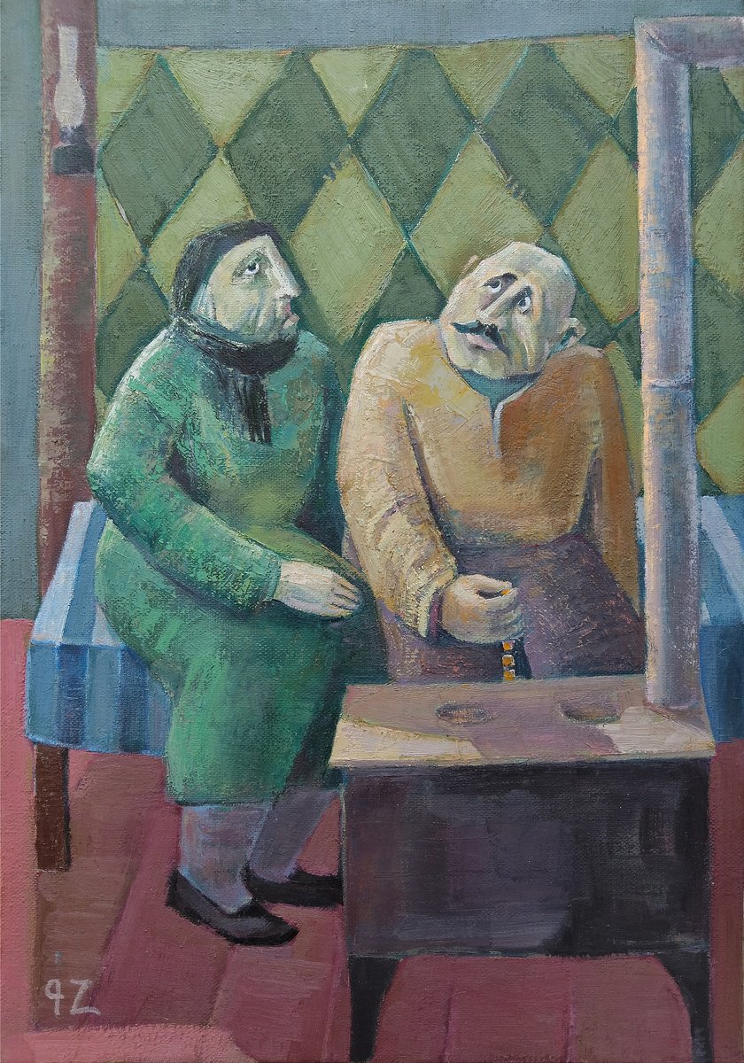 Naive Portrait Oil Painting By Gegham Hunanyan, 14 X 20, Refugees, Original Artwork