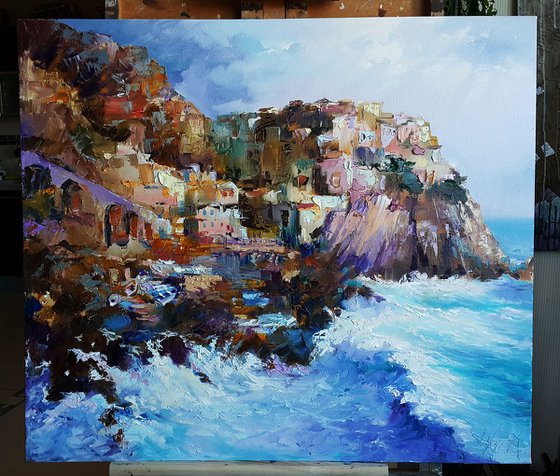 Manarola, Riomaggiore Province - Liguria, Italy landscape oil impasto painting