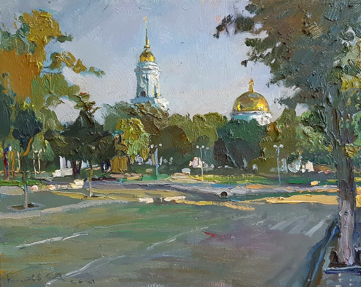 Impressionistic Landscape Oil Painting By Sergey Kostov, 20 X 16", Sunny Morning, Original Artwork