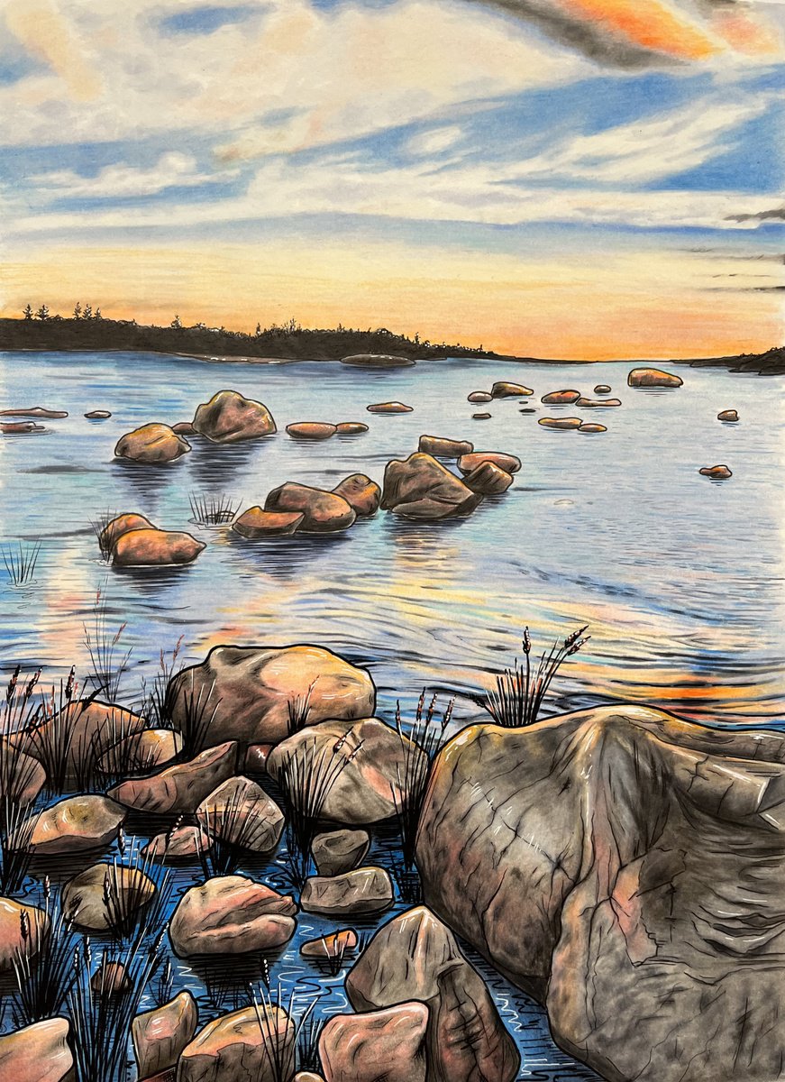 Illustrative Pencil Drawing , Sun Kissed Shoreline 2 By Karen Elaine Evans, 12 X 17, Artwork For Sale On Artfinder