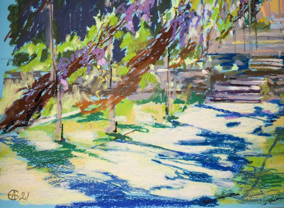 Wisteria tunnel. Sunny urban natural impressionistic landscape. Medium size oil pastel impressionistic interior painting travel decor Spain Madrid